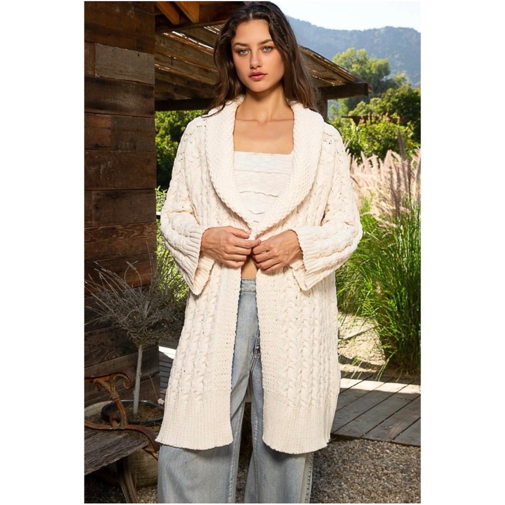 POL Ivory Chenille Cable Knit Cardigan Sweater Shawl Collar Long YST415 Cream